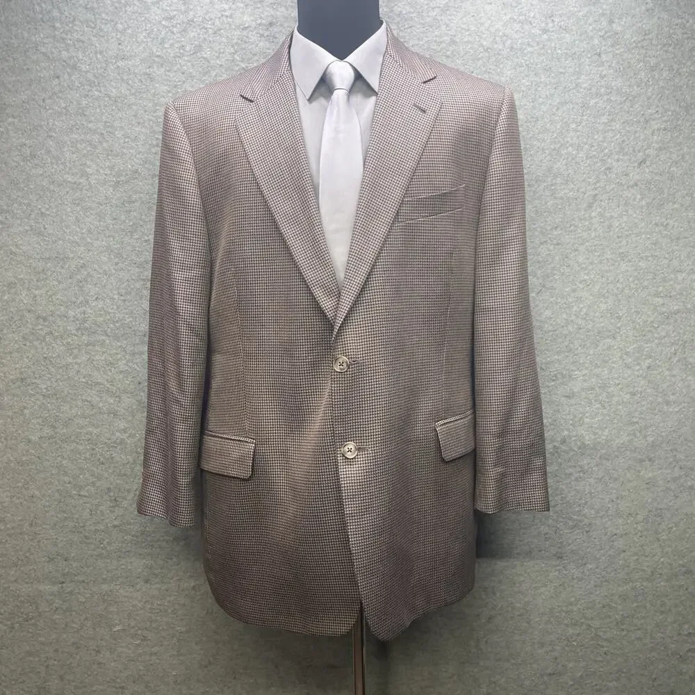 Joseph Abboud Silk Wool Blazer 46R Brown Blue Micro Houndstooth Check Tweed USA